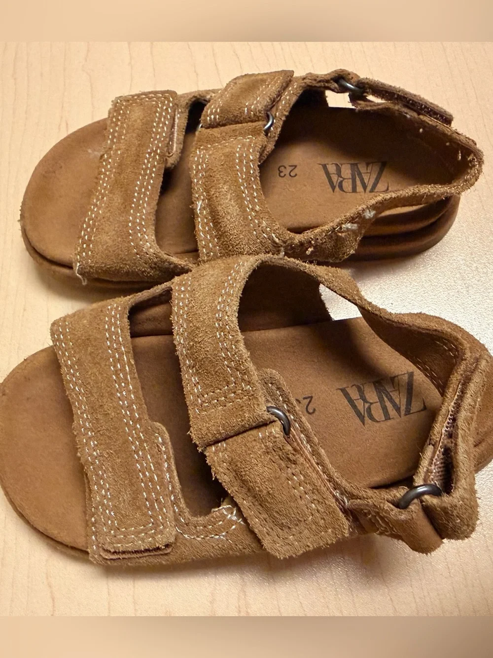 Zara Kids Tan Suede Double-Strap Velcro Sandals